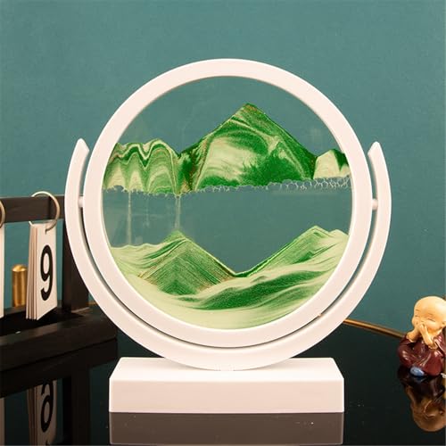 KANLVU Sandbilder Sandscape 3D Flüssige Bewegung Dynamischer Schreibtisch 360° Drehbar Fließende Sandmalerei Für Büro Meditation Stressabbau(Green,8IN_White Frame) von KANLVU