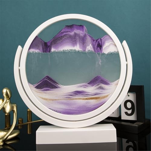 KANLVU Sandbilder Sandscape 3D Flüssige Bewegung Dynamischer Schreibtisch 360° Drehbar Fließende Sandmalerei Für Büro Meditation Stressabbau(Purple,8IN_White Frame) von KANLVU