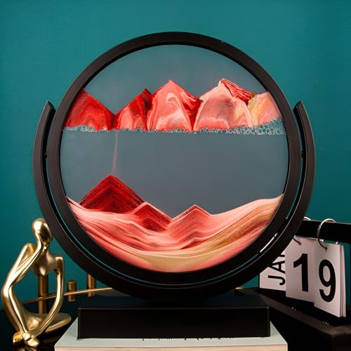 KANLVU Sandbilder Sandscape 3D Flüssige Bewegung Dynamischer Schreibtisch 360° Drehbar Fließende Sandmalerei Für Büro Meditation Stressabbau(Red,12IN_Black Frame) von KANLVU