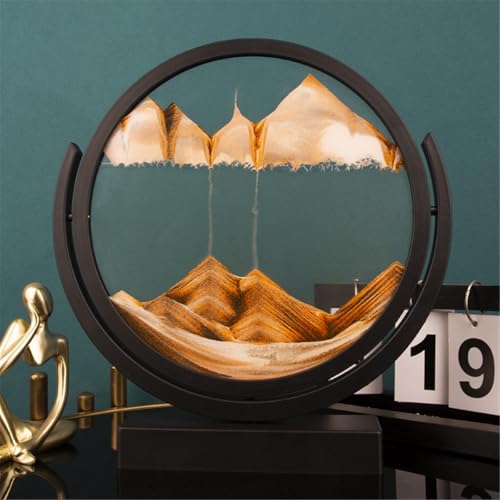 KANLVU Sandbilder Sandscape 3D Flüssige Bewegung Dynamischer Schreibtisch 360° Drehbar Fließende Sandmalerei Für Büro Meditation Stressabbau(Yellow,12IN_Black Frame) von KANLVU