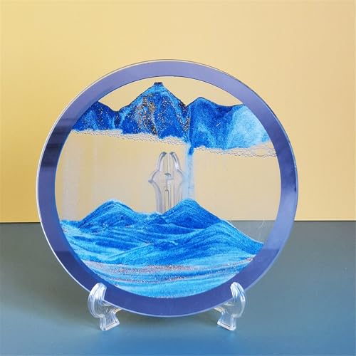 KANLVU Wüste Sandscape Oase Sandbilder Flüssige Bewegung Display Runder Glasrahmen Beruhigende Bewegung Fließende Sandmalerei Zuhause Büro Schreibtischdekoration(Blau) von KANLVU