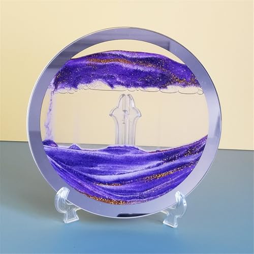 KANLVU Wüste Sandscape Oase Sandbilder Flüssige Bewegung Display Runder Glasrahmen Beruhigende Bewegung Fließende Sandmalerei Zuhause Büro Schreibtischdekoration(Purple) von KANLVU