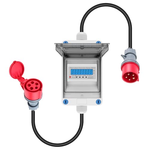3 Phasen Mobiler Stromzähler, 16A 400V Mobiler Digitaler Stromzähler Mit CEE Stecker und Kupplung, Mobiler Digitalzähler Mit Mit Rückstellfunktion, 2m Kabel, IP68 Steckdosenadapter Zähler von KAOLALI