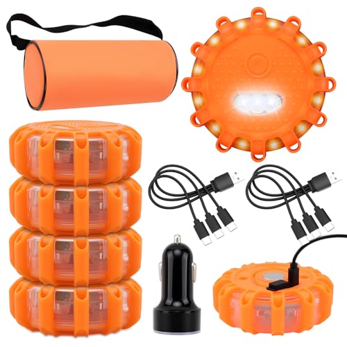KAOLALI 6 Stück Warnleuchte, Wasserdicht Led Warnleuchten Mit Magnet Und Haken, Rundumleuchte Led Mit 9 Blinkmodi, mit Tasche und 3-In-1-Ladekabel, LED Warnleuchte für Boot Marine Schiff (Orange) von KAOLALI