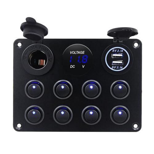 KAOLALI 8 Gang Kippschalter 12V/24V Wippschalter Panel mit USB-C, USB-Ladegerät + Feuerzeugsteckdose + Digitales Voltmeter, ON-Off Schalter Panel für Wohnmobile, Boote, Autos, Motorhaus (Blau LED) KAOLALI 8 Gang Kippschalter 12V/24V Wippschalter Panel mit USB-C, USB-Ladegerät + Feuerzeugsteckdose + Digitales Voltmeter, ON-Off Schalter Panel für Wohnmobile, Boote, Autos, Motorhaus (Blau LED) von KAOLALI