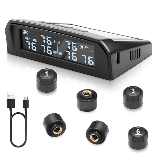 KAOLALI TPMS Reifendruckkontrollsyste mit 6 Sensoren, Reifendruckkontrollsystem für Wohnmobile, 0.01Bar Hohe Präzision, Solarladung und USB-Ladefunktion, 9,9 Bar/144 PSI Max, 6 Alarmmodi, für RV LKW von KAOLALI