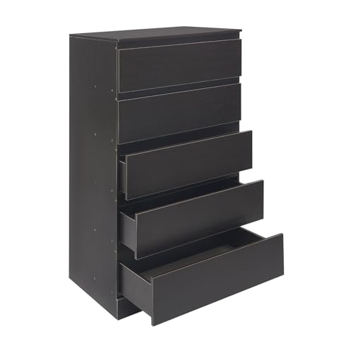 5-Schubladen Nachttisch aus MDF, 109 x 60 x 41 cm (HxBxT), Kleiner Kommodenschrank mit 25 kg Belastbarkeit, Moderner Nachtschrank mit bodennahem Design für Schlafzimmer & Wohnzimmer, Schwarz-Walnuss von KAPIPALA