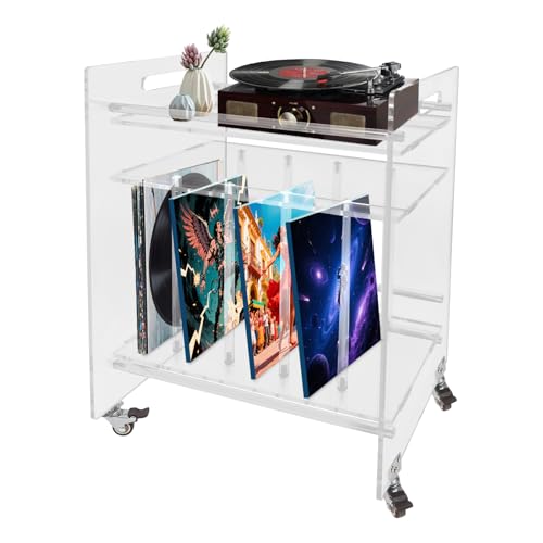Acryl Beistelltisch mit Rollen – Schallplattenständer & Plattenspieler Regal – Moderner Record Player Stand für Wohnzimmer – 3-Etagen Aufbewahrungstisch für CDs, Bücher Transparent, 48x35x63cm, 20kg von KAPIPALA