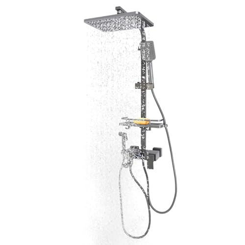 Höhenverstellbares Duschsystem mit Digitalem Display | 30x20 cm Regendusche Kopfbrause | 4-in-1 Armatur mit Ablage & LED-Anzeige | Graue Duschgarnitur für Wandmontage von KAPIPALA