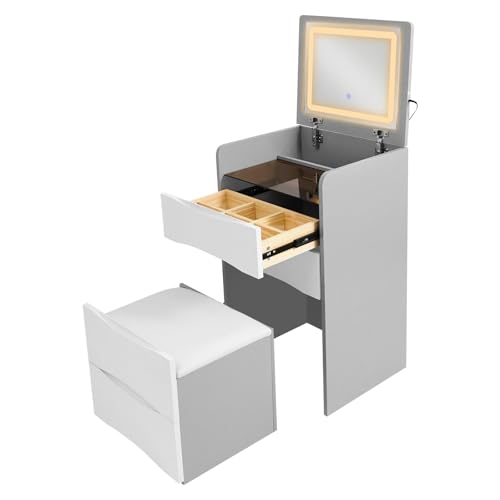 KAPIPALA 3 in 1 Eckschminktisch mit LED Spiegel und 3 Schubladen Gepolstertes Werkzeug Schlafzimmer Schminktisch mit Stuhl Hocker Schreibtischs umklappen 48x40x82cm von KAPIPALA