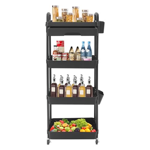 KAPIPALA 4-stufiger Rollwagen mit Schublade & Rollen | Küchenwagen Servierwagen mit Bremsen | Schmaler Aufbewahrungswagen aus Stahl | Mobiler Organizer (schwarz, 40 x 30 x 110cm) von KAPIPALA