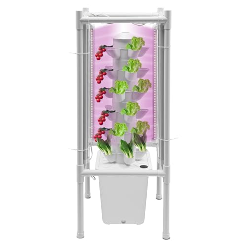 KAPIPALA Hydroponik Turm 6 Etagen 30 Löcher Erdloses Anbausystem 10L Großer Wassertank mit 4 LED UV-Licht und Wasserpumpe Garten Hydrokultur Anbausystem für Kräuter Obst und Gemüse von KAPIPALA