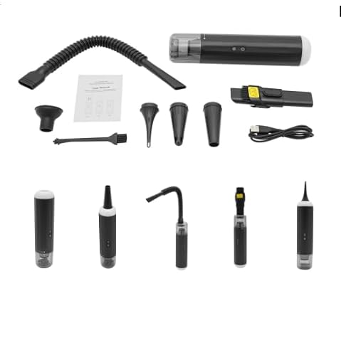 KAPIPALA Starker Kabelloser Mini Handstaubsauger für Auto & Zuhause, 10000Pa Saugkraft, 2 Geschwindigkeiten, 80ml Behälter, HEPA Filter, mit 6 Aufsätzen, LED-Leuchten, Akku-Betrieb (Schwarz) von KAPIPALA