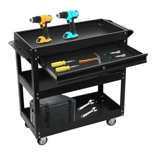 Rollender Werkstatt Rollwagen 3 Etagen+ 1 Abschließbare Schublade Werkzeugwagen mit Fußbremse Werkstattwagen Belastbarkeit bis zu 150kg Werkzeugwagen für Zuhause Garage & Lager 76.3x35.3x83.5cm von KAPIPALA