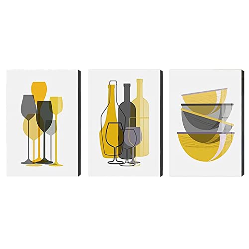 KAPOHU Abstraktes gelbes graues Geschirr-Leinwand-Malerei Reisschüssel Tasse Weinglas Poster Restaurant Küche Dekoration Wandkunst Bild(30x40cmx3 Mit rahmen) von KAPOHU