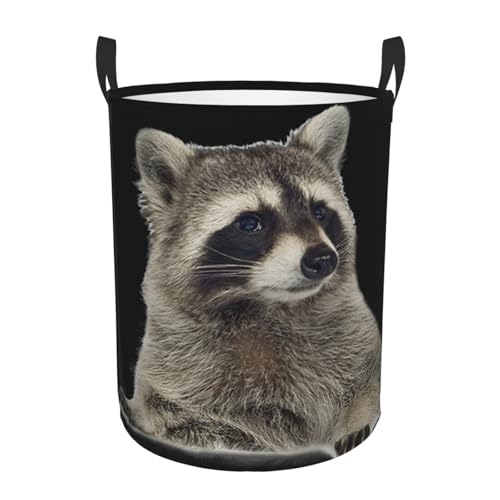 Wäschekorb mit haarigem Waschbär-Druck, personalisierbar, rund, stehendes Design, funktioniert in Badezimmer und Schrank von KAPPTYY