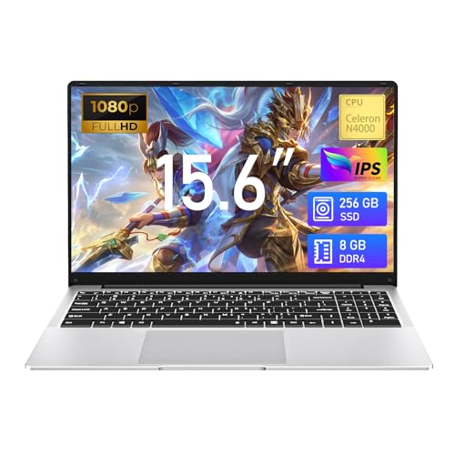 KAQIMOCI 15,6-Zoll-Laptop mit 8 GB RAM und 256 GB SSD, N4000 Gamer-Laptop, Full-HD-Display (1920 x 1080), Notebook Win 11 WiFi 5 Bluetooth Mini-HDMI 180-Grad-Öffnung (8GB RAM+256GB SSD) von KAQIMOCI