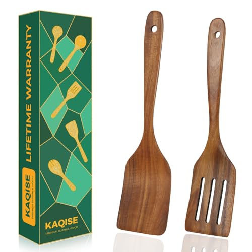 KAQISE Holzspatel zum Kochen, Teakholz-Küchenutensilien-Set, natürliches Kochutensilien-Set, flache Holzspatel und Schlitzspatel-Set (2 Stück) von KAQISE