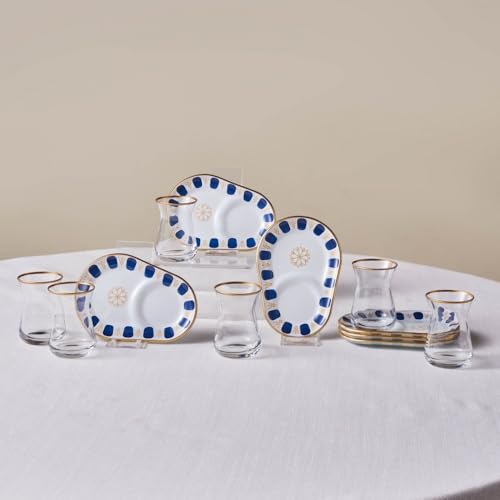 Karaca Belem Türkische Teegläser Set, 12-teiliges Teeglas, Teeset für 6 Personen (Cay Bardagi Set), Tee Gläser mit Goldrand und Marineblauen Akzenten von KARACA
