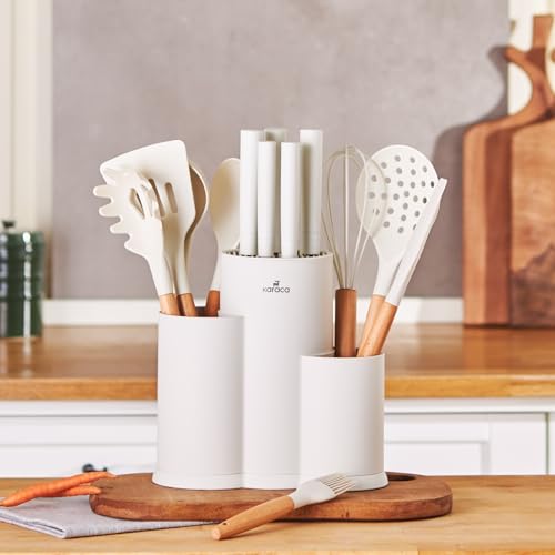 Karaca Burby 14-tlg Messerblock-Set mit Schneidebrett und Küchenutensilien, Messer aus Edelstahl, ergonomische Griffe Küchenhelfer Set, Creme Karaca Burby 14-tlg Messerblock-Set mit Schneidebrett und Küchenutensilien, Messer aus Edelstahl, ergonomische Griffe Küchenhelfer Set, Creme von KARACA