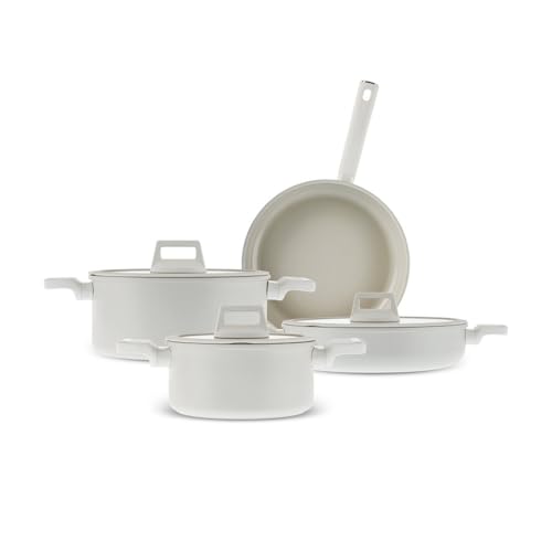 Karaca Valenti 7-teiliges Keramik-Kochgeschirr-Set mit Glasdeckel, Antihaftbeschichtung Swiss Crystal, Casserole,Töpfen mit Deckeln und Pfanne Induktion, Weiß von KARACA