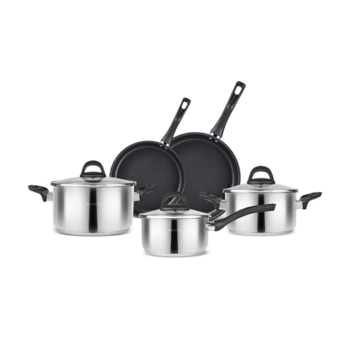 KARACA Gastro Kochgeschirr-Set, 8 Teilig - 304 Rostfreier Stahl, 0,6 mm Dicke, Antihaftbeschichtete Pfannen, Inklusive Milchkännchen und Töpfe mit Deckeln von KARACA