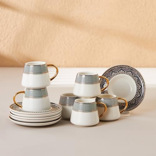 Karaca Globe Türkische Kaffeetassen set mit untertasse für 6 Personen, 12-Teiliges, 6 Espressotasse und 6 Untertassen, Mochatassen, Cappuccino, Kaffeeservice Set aus Porzellan von KARACA