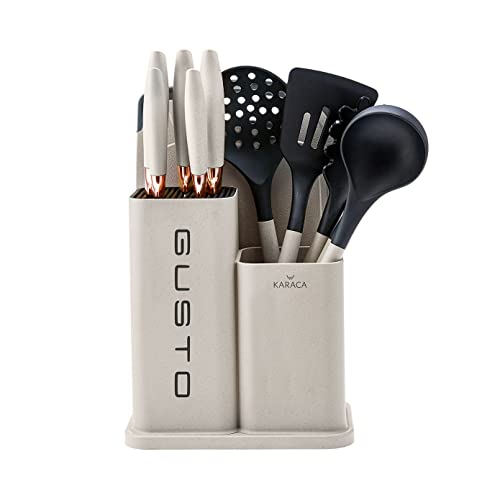 Karaca Gusto 12-teiliges Messerblock-Set mit Schneidebrett und Küchenutensilien, Messer aus Edelstahl, ergonomische Griffe Küchenhelfer Set, Creme von KARACA