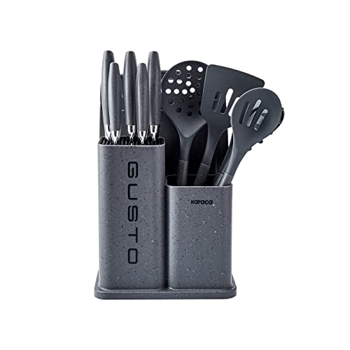 Karaca Gusto 12-teiliges Messerblock-Set mit Schneidebrett und Küchenutensilien, Messer aus Edelstahl, ergonomische Griffe Küchenhelfer Set, Grau von KARACA