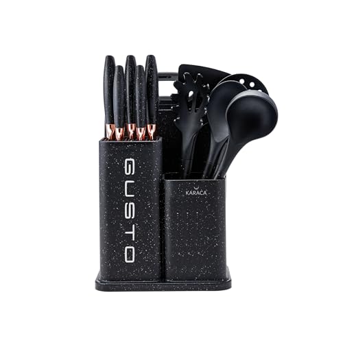 Karaca Gusto 12-teiliges Messerblock-Set mit Schneidebrett und Küchenutensilien, Messer aus Edelstahl, ergonomische Griffe Küchenhelfer Set, Schwarz von KARACA