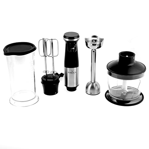 Karaca Inox Schwarz Mixer Stabmixer mit 4 Klingen, Zerkleinerer, Doppelschläger, 800 Ml Rührschüssel, 500 Ml Zerkleinerungsschüssel, 1000 Watt, Köstliche Mischungen, Leistungsstark, Turbofunktion von KARACA