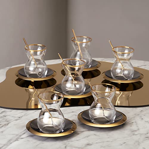 Karaca Laçin 18 tlg. Teeset für 6 Personen, 18 Teilig Teeset - Eleganter Teegenuss in Gold und Weiß Teeservice, Türkische Teegläser von KARACA