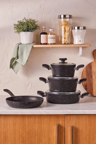 Karaca Lorbeer Biogranit V2 Topfset 7-teilig Black, Hochwertiges Kochgeschirr-Set mit Granitbeschichtung für vielseitiges und gesundes Kochen - Fortschrittliche Technologie von KARACA