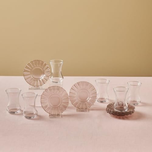 Karaca Luna Türkische Teegläser Set, 12-teiliges Teeglas, Teeset für 6 Personen (Cay Bardagi Set), Teegläser und Untertassen in modernem Hellbraun von KARACA