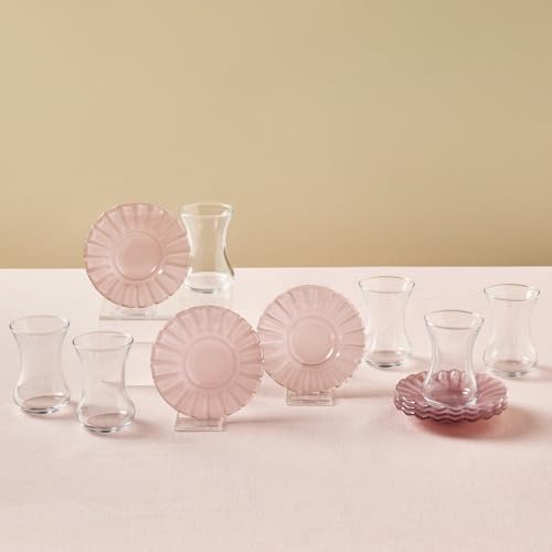 Karaca Luna Türkische Teegläser Set, 12-teiliges Teeglas, Teeset für 6 Personen (Cay Bardagi Set), Teegläser und Untertassen in modernem Hellrosa von KARACA