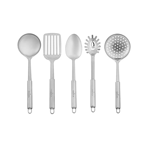 Karaca Master 5-Teiliges Service-Set, Nudellöffel, Sieb, Spachtel, Schöpfkelle, Service-Löffel, Ergonomisches Nahtloses Einteiliges Design, Edelstahl 18/10, Langlebig, Glänzend, Gesund von KARACA