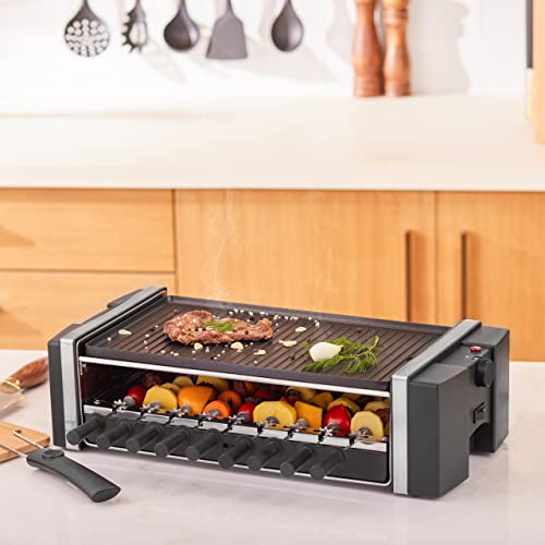 Karaca Raclette Grill 1200 Watt, Feuerfeste, Antihaftbeschichtete Guss-Grillplatten, Möglichkeit Zur Zubereitung Von 9 Spießen, Breite Grillfläche, Einstellbare Temperatur, Ausschalttaste, Partygrill von KARACA