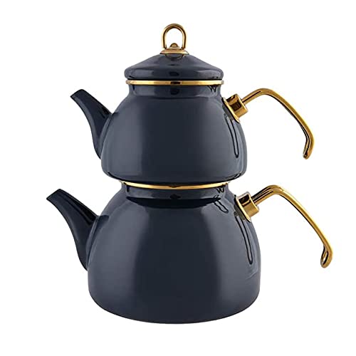 Karaca Retro Emaille Teekannen Set, Anthracite, Induktionsgeeignet, Teekocher, Wasserkocher, Teeaufguss 1,1L, Wasserkanne 2,3L, Türkische Teekessel, Tea Maker, Caydanlik von KARACA