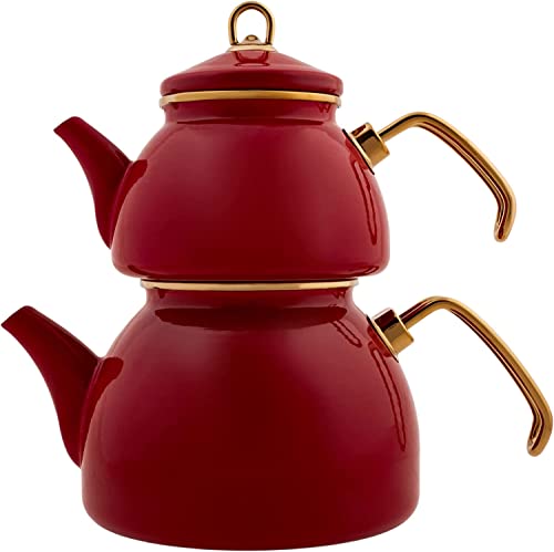 Karaca Retro Emaille Teekannen- Set, Rot, Induktionsgeeignet, Teekocher, Wasserkocher, Teeaufguss 1,1L, Wasserkanne 2,3L, Türkische Teekessel, Tea Maker, Caydanlik von KARACA