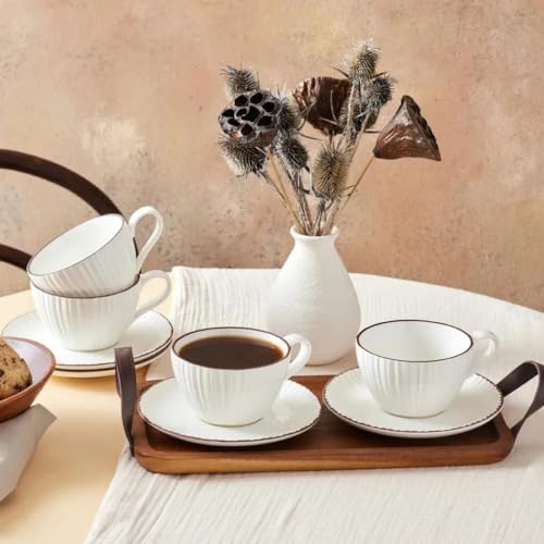 Karaca Rhein Teetasse Set für 4 Personen, 8 Teilig - Elegantes Teegeschirr mit 4 Teetassen (300ml) und 4 passenden Untertassen - Hergestellt aus hochwertigem Porzellan von KARACA
