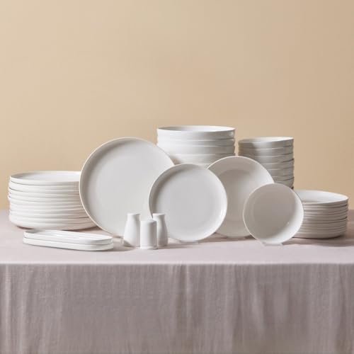 Karaca Streamline Favaro Service de Table Geschirr Set, 53 Tlg, Geschirrset 12 Personen aus Bone China mit Tellern, Schalen, rechteckigen Servierplatten, Salz- und Pfefferstreuer, Platin Teller Set von KARACA