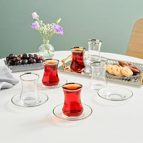Karaca Sydney 12 Stück Glas Türkisches Tee Set für 6 Personen Platin Teeservice 6 Türkische Teegläser mit Untertassen 12 teilig Glas Teeteller Untertassen von KARACA