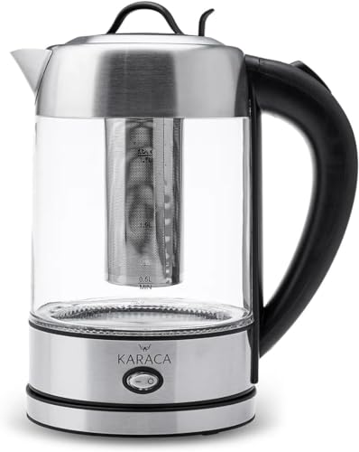 Karaca Wasserkocher Glas 1.7 Liter, Led-Beleuchtung Inox, Edelstahl Kettle, BPA Frei, 2200 Watt, 10/15 Tassen, Warmhaltefunktion, Kräutertee, Teemaschine von KARACA