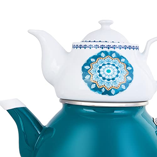 Türkische Teekanne aus Porzellan, Emaille, nostalgisches Retro-Design, Samowar-Wasserkocher, Midi-Größe, 1,1 l (Türkis) von KARACA