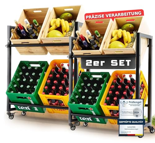 KARASTEIN® Premium Getränkekistenregal für 4 Kisten Schwarz 2er Set - ideal zum Transportieren und Lagern von Getränkekisten, mit Schwerlastrollen und Flaschenöffner von KARASTEIN