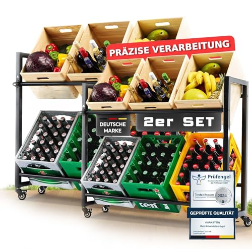 KARASTEIN® Premium Getränkekistenregal für 6 Kisten Schwarz 2er Set - ideal zum Transportieren und Lagern von Getränkekisten, mit Schwerlastrollen und Flaschenöffner von KARASTEIN