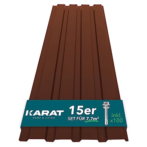 KARAT - 15 Stück Trapezblech 115 x 45 cm - Profilblech SET inkl. Schrauben - 7,7 m² Wandblech Dachblech - Stärke 0,25 mm - Dachplatten Stahlblech Wandverkleidung (Braun) von KARAT