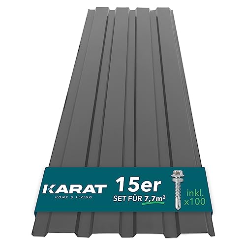 KARAT - 15 Stück Trapezblech 115 x 45 cm - Profilblech SET inkl. Schrauben - 7,7 m² Wandblech Dachblech - Stärke 0,25 mm - Dachplatten Stahlblech Wandverkleidung (Grau) von KARAT