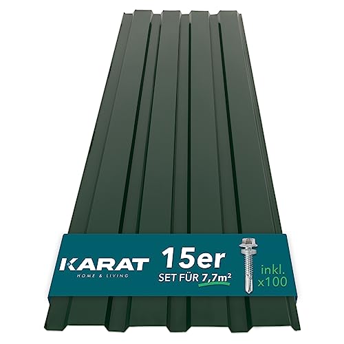 KARAT - 15 Stück Trapezblech 115 x 45 cm - Profilblech SET inkl. Schrauben - 7.7 m² Wandblech Dachblech - Stärke 0.25 mm - Dachplatten Stahlblech Wandverkleidung (Grün) von KARAT