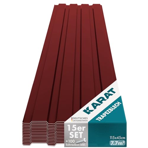 KARAT - 15 Stück Trapezblech 115 x 45 cm - Profilblech SET inkl. Schrauben - 7,7 m² Wandblech Dachblech - Stärke 0,25 mm - Dachplatten Stahlblech Wandverkleidung (Rot) von KARAT